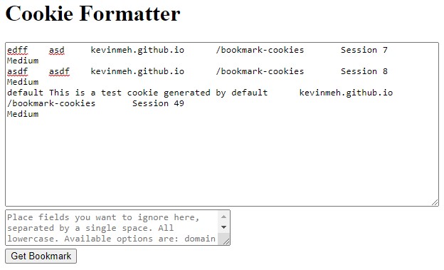 Cookie formatting using the website